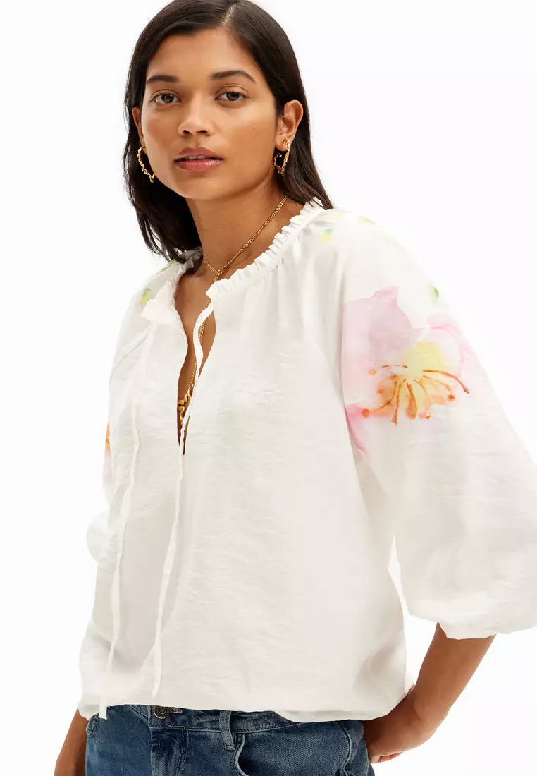 Desigual Woman Flowy Blouse with Watercolor Floral Print.
