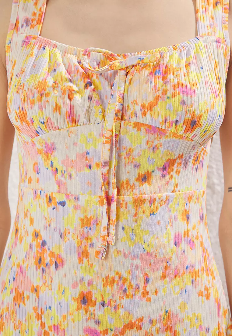 Orange Printed Square Neck Flounce A-Line Mini Knitted Mini Dress TWOSS23EL00348