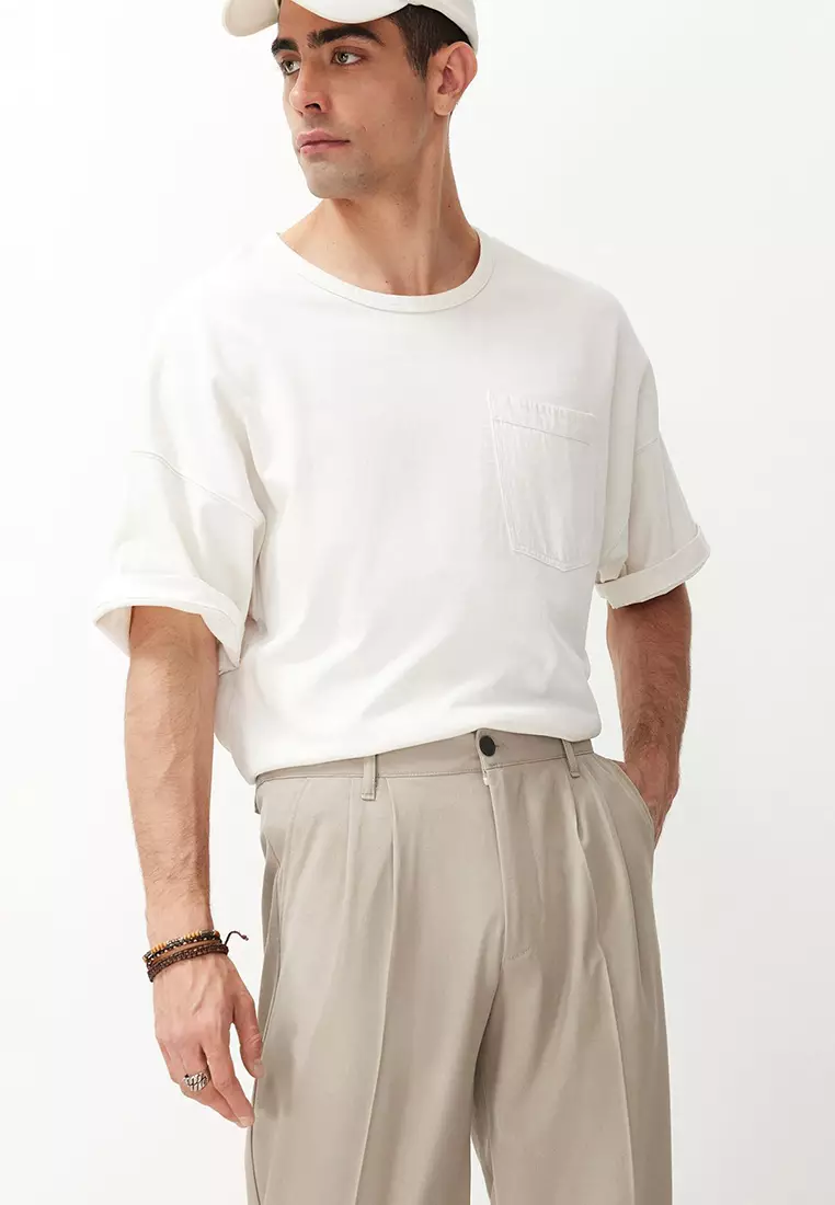 Stone Pleated Classic Baggy Fit Fabric Pants Tmnss24Pl00024