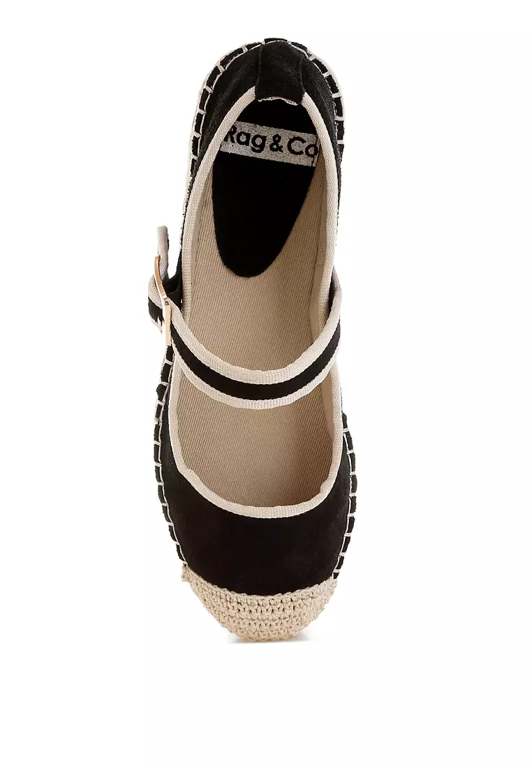 Sepatu Espadrilles Mary Jane Kulit Suede Lembut Warna Hitam