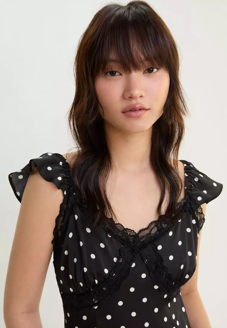 Ruffle Strap Polka Dot Midi Dress - Black