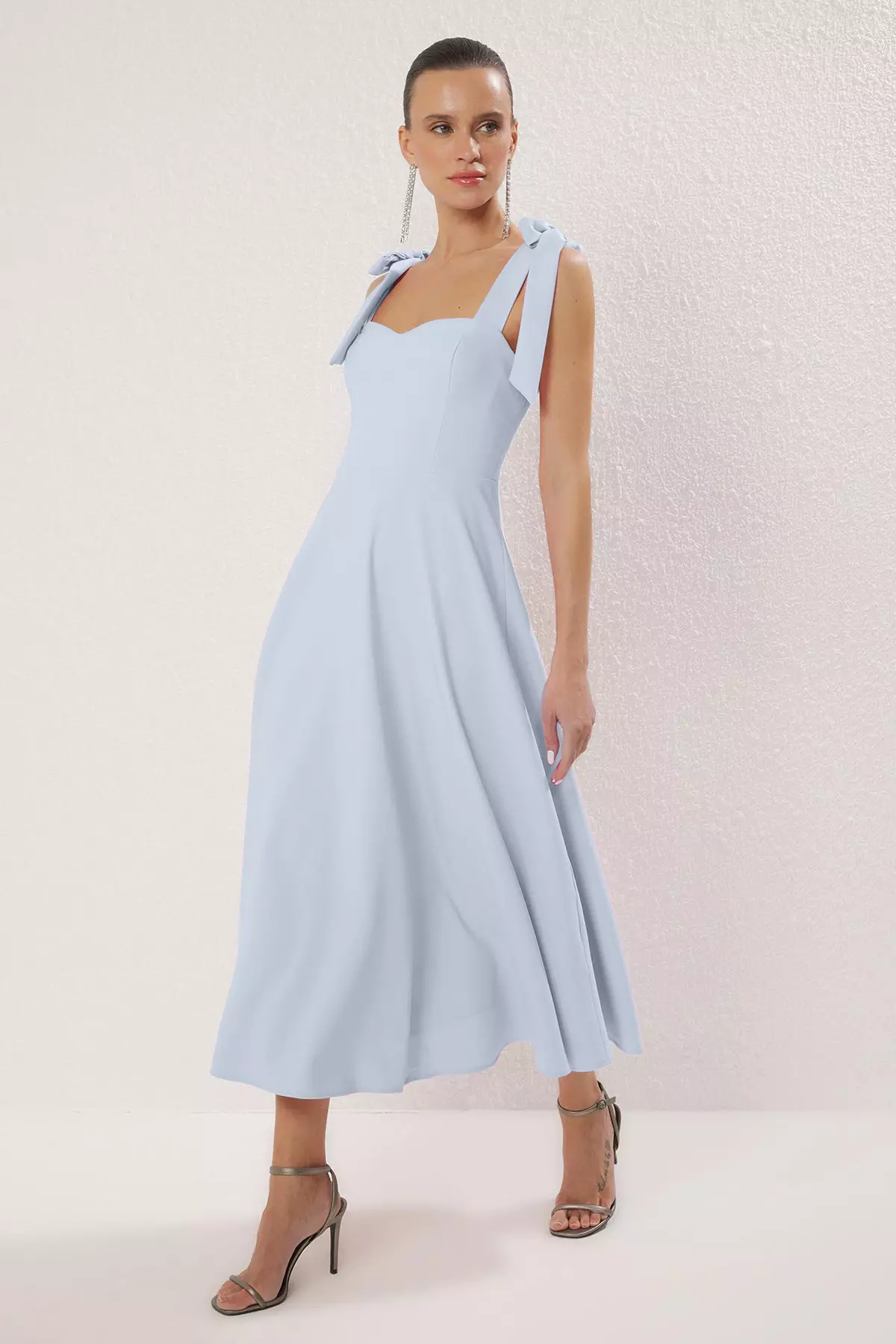 Light Blue A Cut Strap Fastening Detailed Midi Elegant Evening Dresses Evening Graduation Dress