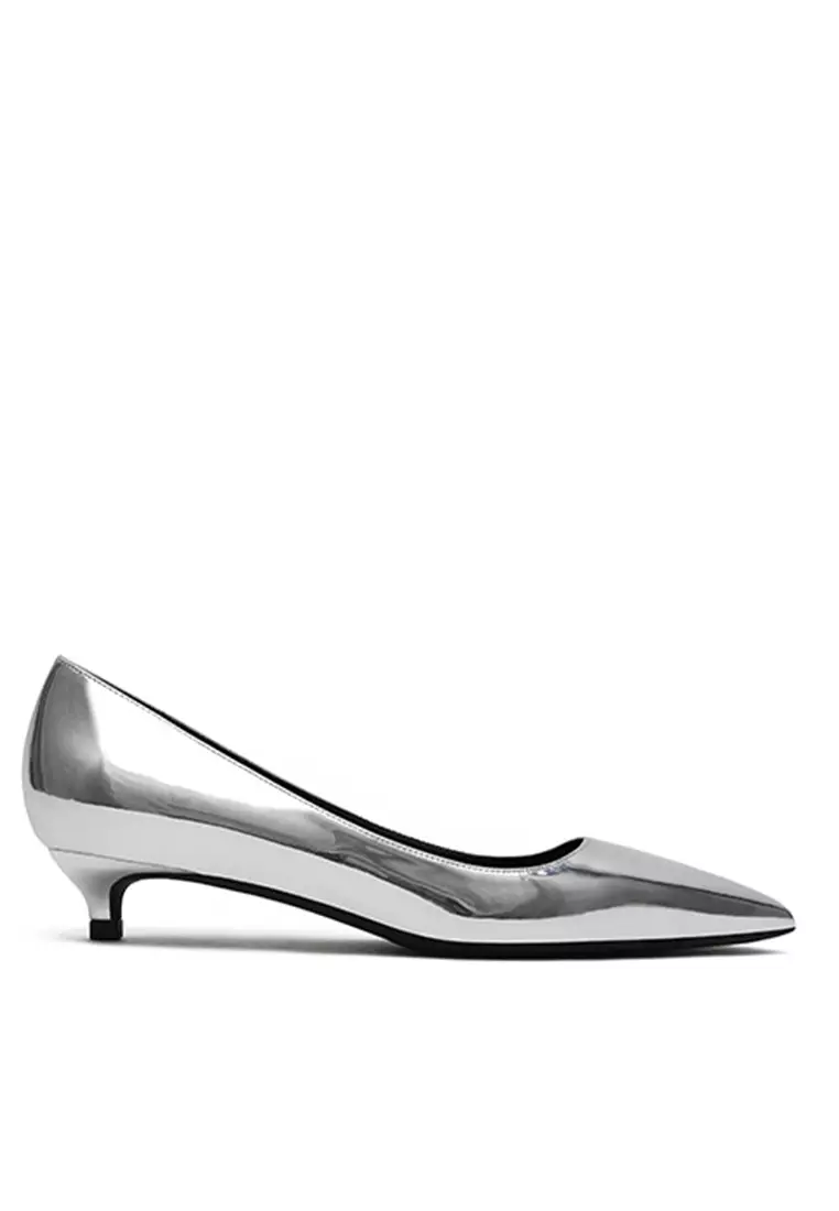 3CM Metallic Faux Leather Pointed Kitten Heels Pumps HZL130