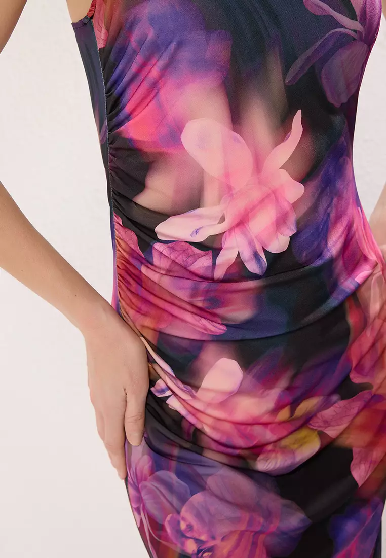 Pink Floral Printed One Shoulder Draped Fitted Stretch Knit Dress