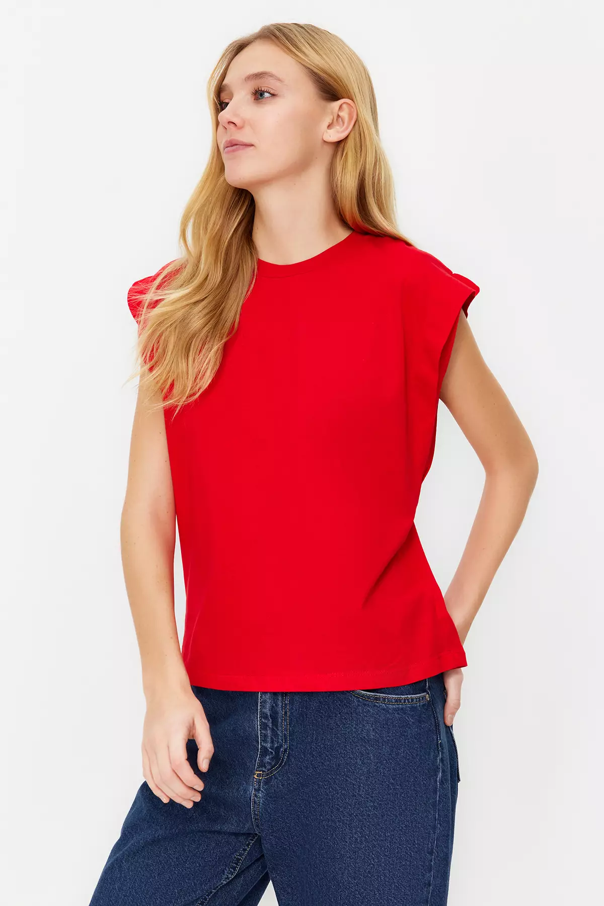 Red Striped Striped Padded Look Basic Crew Neck Knitted T-Shirt