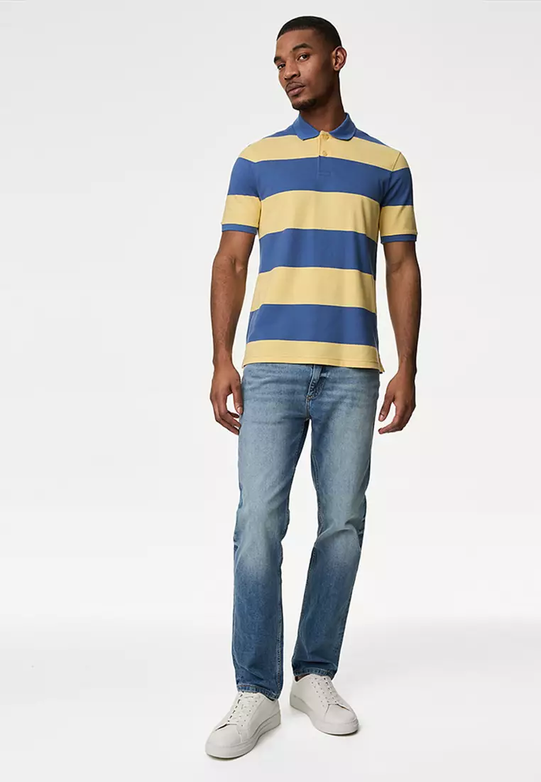 Pure Cotton Striped Pique Polo Shirt