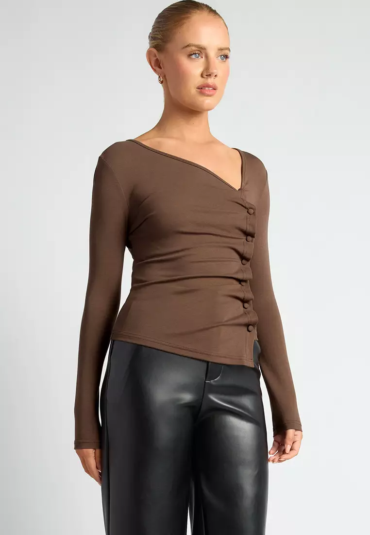 Asymmetric Neckline Jersey Top With Button