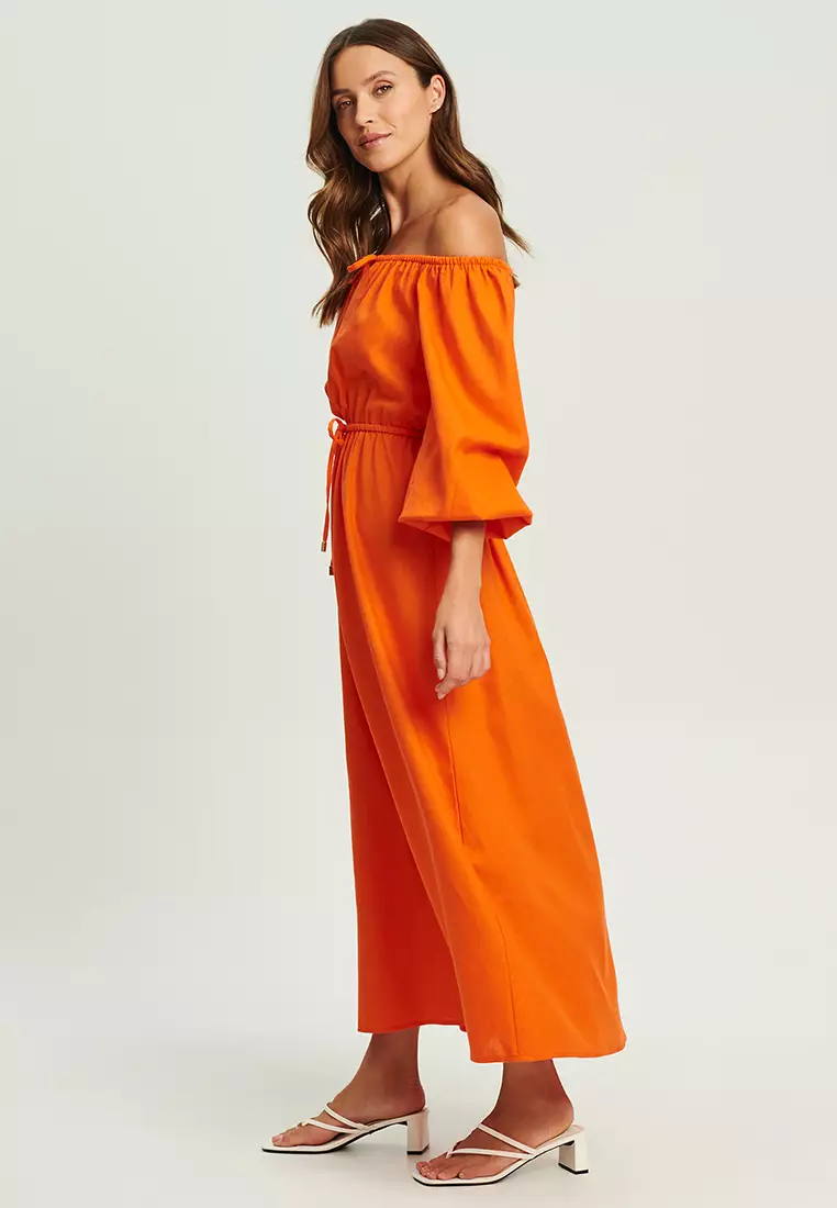 Tangerine Puff Sleeve Lace Up Midi Dress