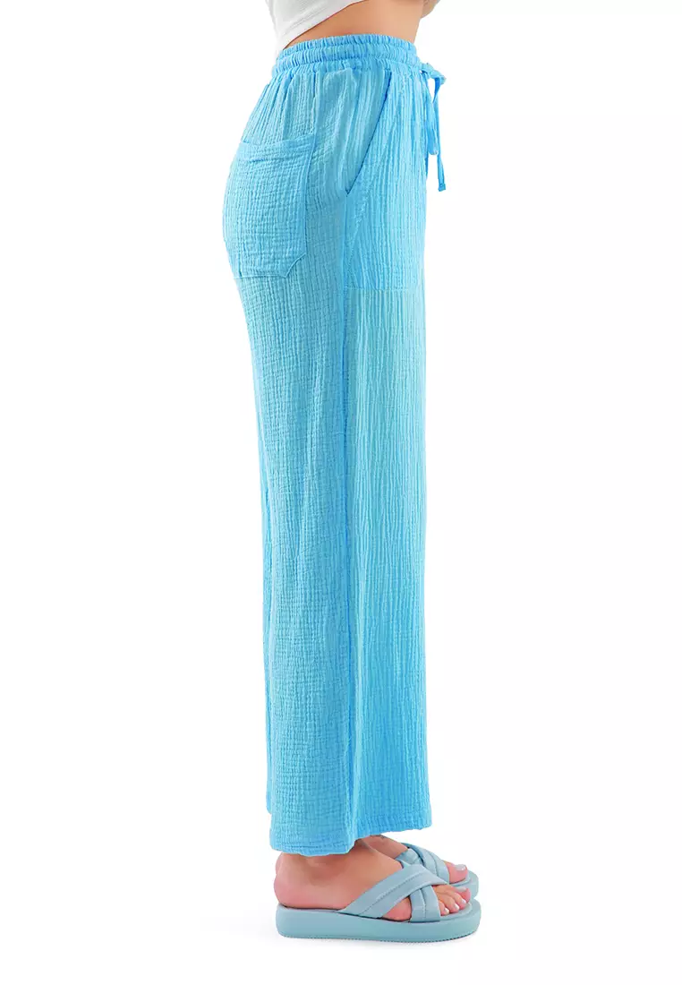 Bright Blue Drawstring Casual Lounge Wide Pants