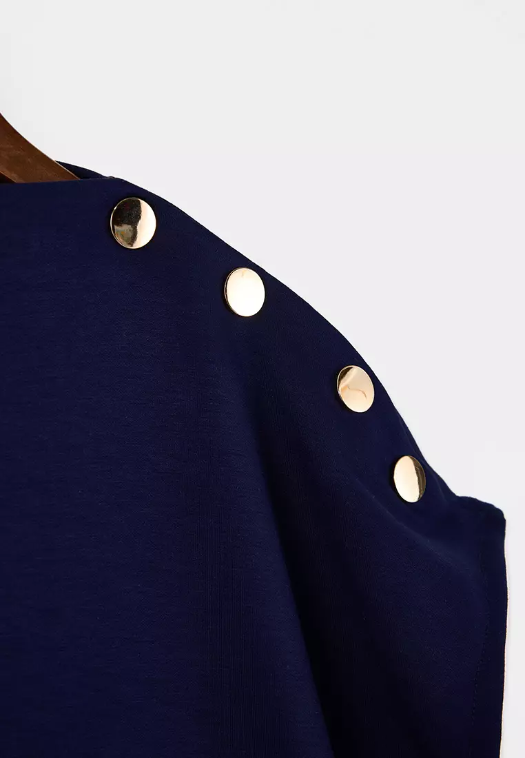 Navy Blue Regular/Normal Fit Mock Neck Accessory Detailed Crop Soft Touch Knitted Blouse Twoss26Bz21