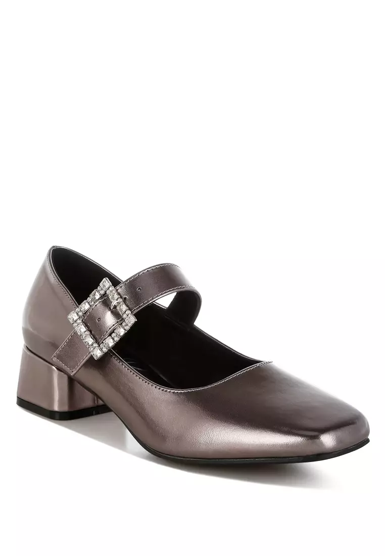 Diamante Brooch Metallic Mary Jane Pumps In PEWTER