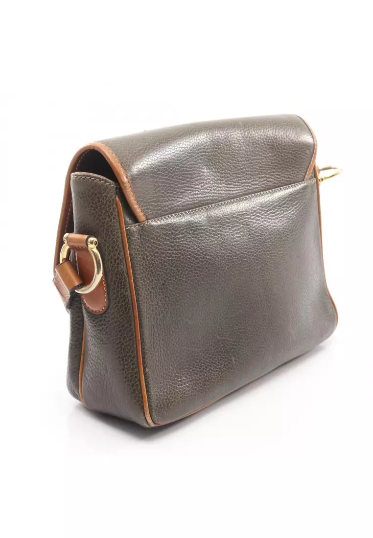 CELINE ロゴポーチ ダークグリーン/ブラウン Buy Celine Pre-Loved Celine Gancini Shoulder bag leather Khaki