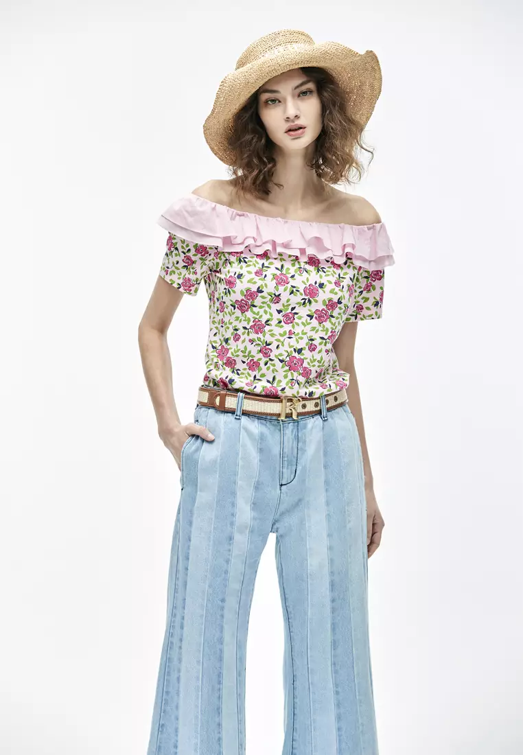Floral Print Top With Flounce Neckline