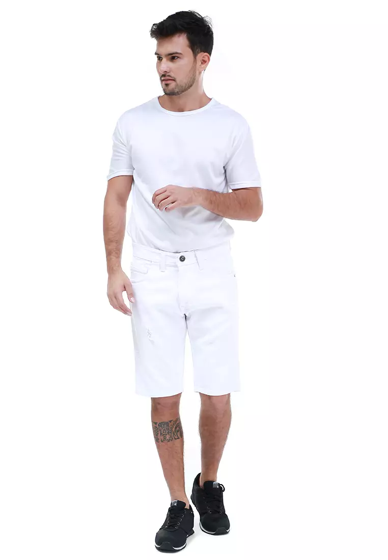 Rissham Celana Pendek Pria Ripped Short Pants Skinny Casual Material Jeans ORIGINAL - White