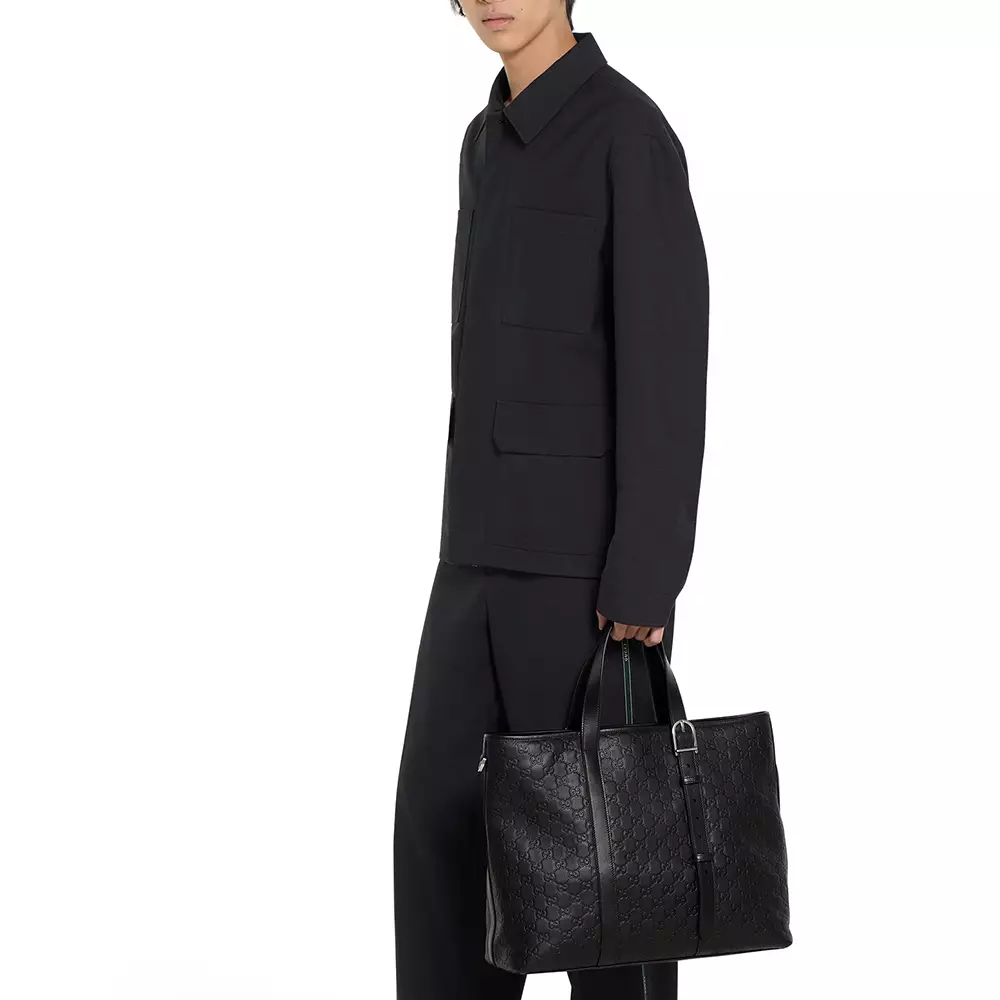 GG Emblem Large Tote Bag Smooth Leather Black