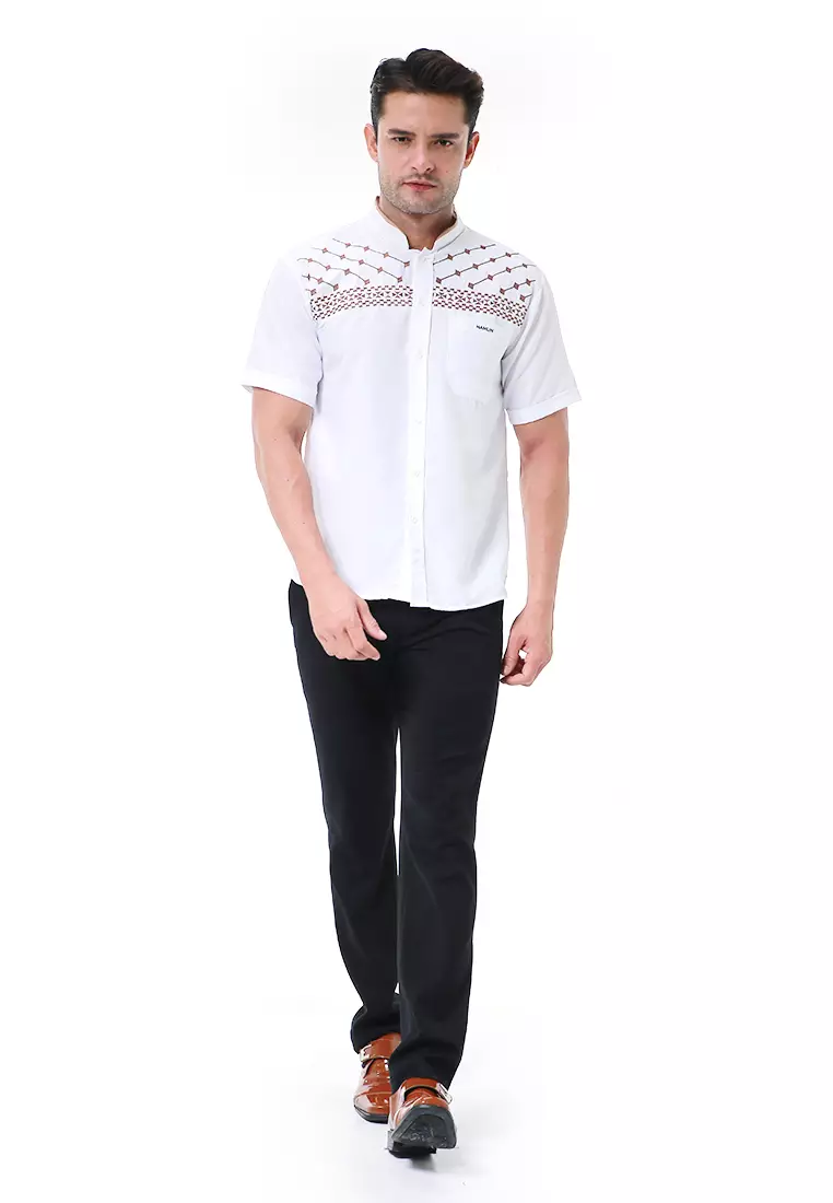 Leopold Kemeja Koko Pria Lengan Pendek Motif Bordir Material Cotton ORIGINAL - White