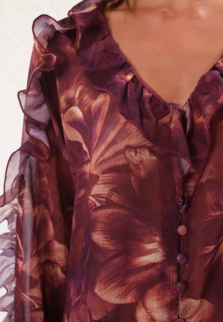 Plum Chiffon Transparent Floral Ruffle Woven Shirt TWOSS25GO00063