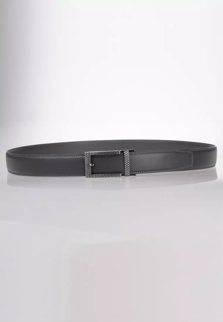 Men's Slide Buckle Automatic Belts Ratchet Genuine Leather Belt 35mm Width Grey