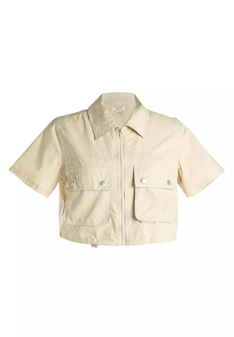 Flap Pocket Poplin Cargo Jacket in Cream