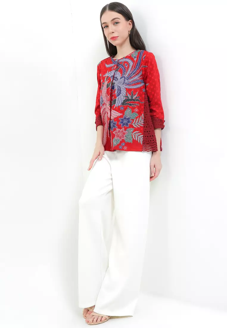 Blouse Atasan Batik Wanita Casual Modern Reane Katun Premium Red Maroon