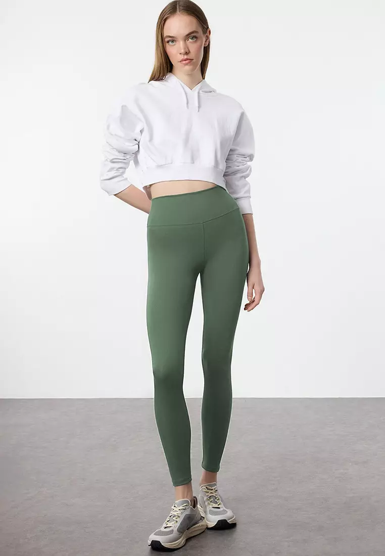 Khaki Soft Brushed Fabric Reflective Print Detail Full Length Knitted Sports Tights THMAW25TY00020