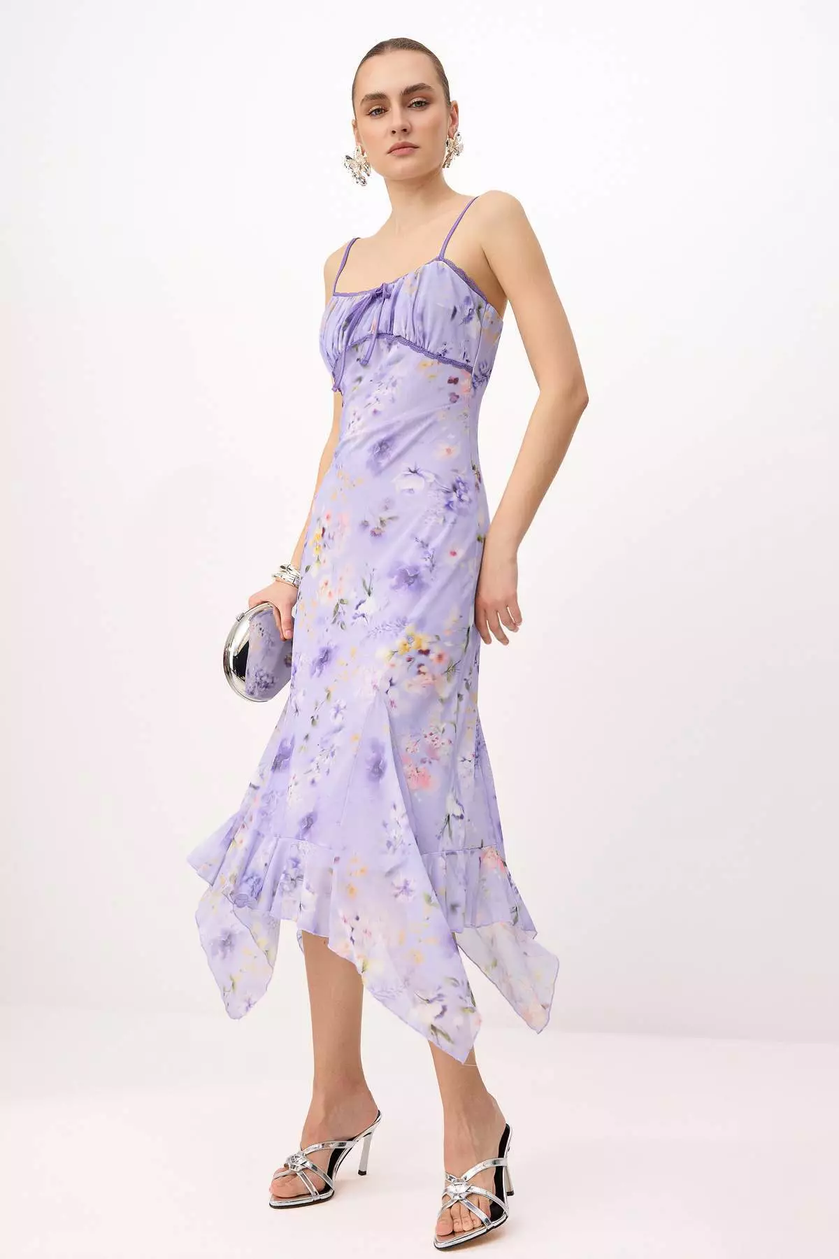 Lilac Floral Knitted Tulle Maxi Lined Stylish/Evening Dress With Tie Detail Tprss24El133