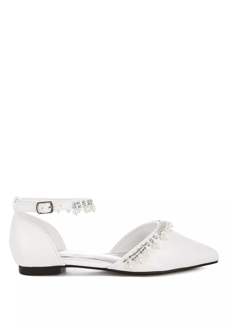 Discount on Rag & CO.  shoes - SKU: White Rhinestone & Pearl Ankle Strap Flat Sandals