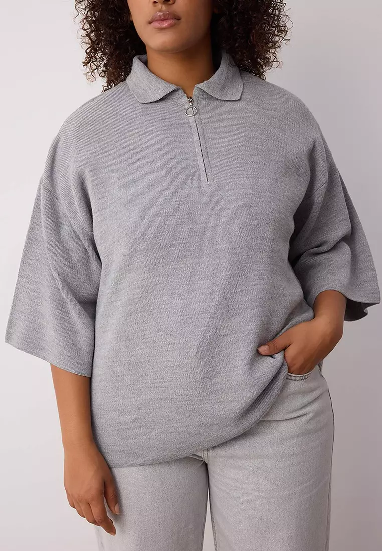Gray Polo Collar Zipper Detailed Knitwear Sweater Tbbaw23An00056
