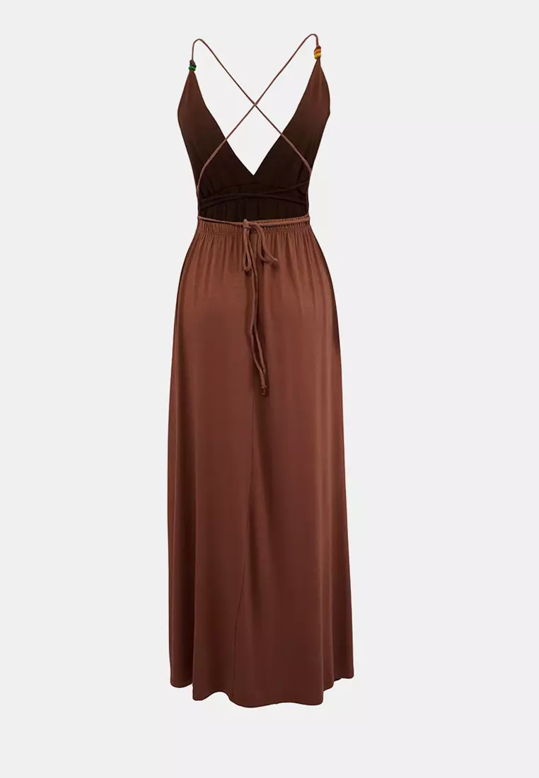 Dark Brown Maxi Woven Tie-Up Beach Dress Tbess21El2796