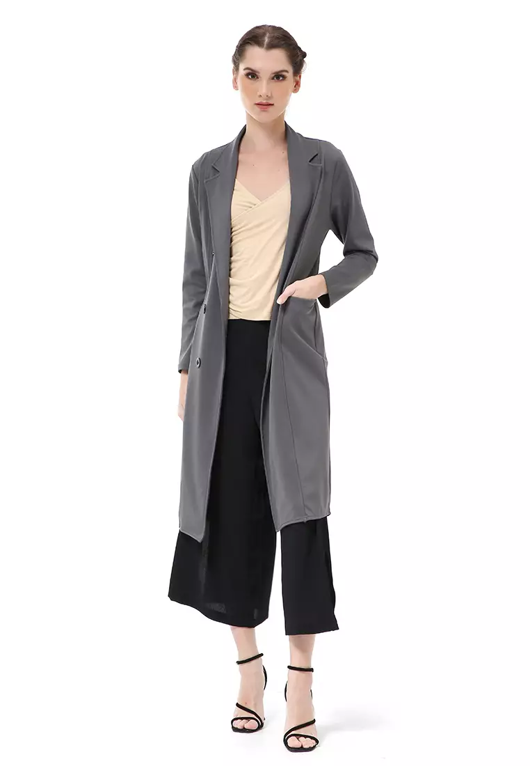 Myra Outerwear Wanita Long Blazer Desain Kancing Plain Motive Material Wedges ORIGINAL - Dark Gray