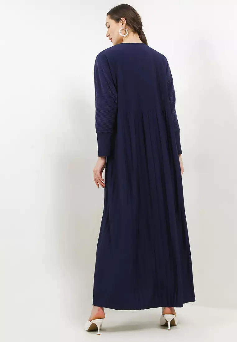 Dolman Sleeve Pleated Long Dress With Pearl Clover Pin