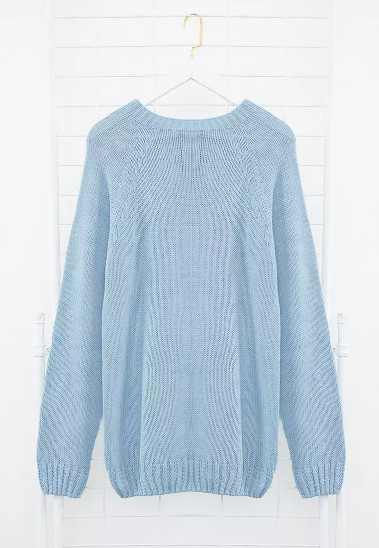 Blue Slim Fit Slim Cut Crew Neck Raglan Sleeve Basic Knitwear Sweater TMNAW25KZ00000