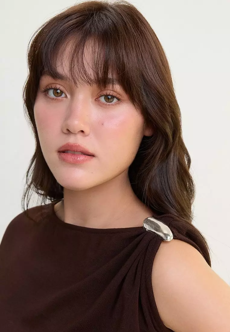 Asymmetric Shoulder Detail Top - Brown