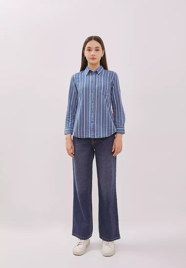 DUST Kemeja Denim Ansel Garis Biru Muda (D.116489)