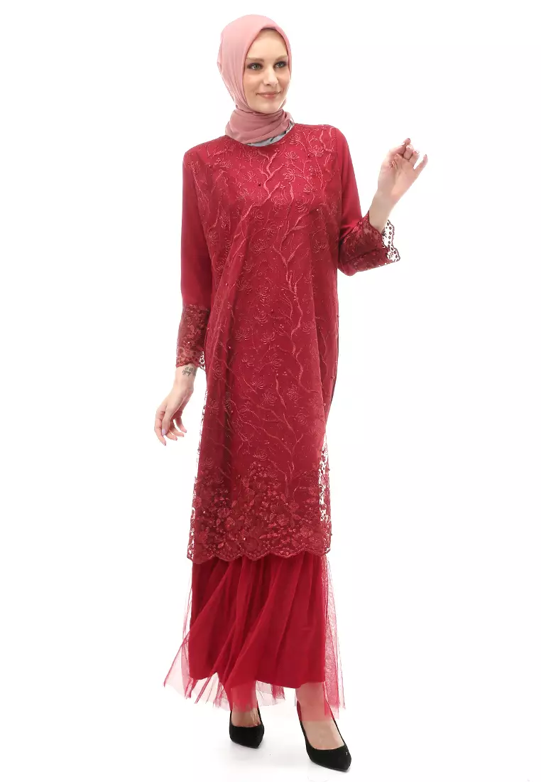 Diana Gamis Brukat Wanita Muslimah Lapis Moscrepe Premium Quality - Maroon