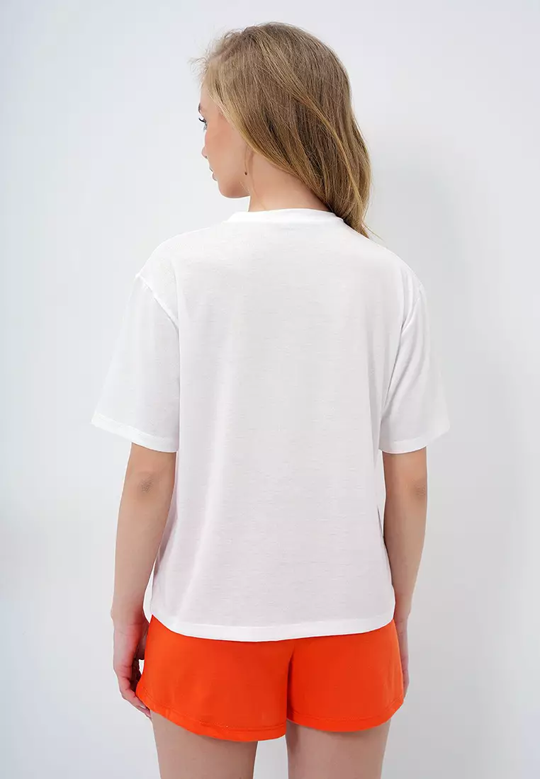 Women's Orange Front Text Printed Cotton Basic T-Shirt And Shorts Combed Cotton Bottom Top Set Pjm-X13902