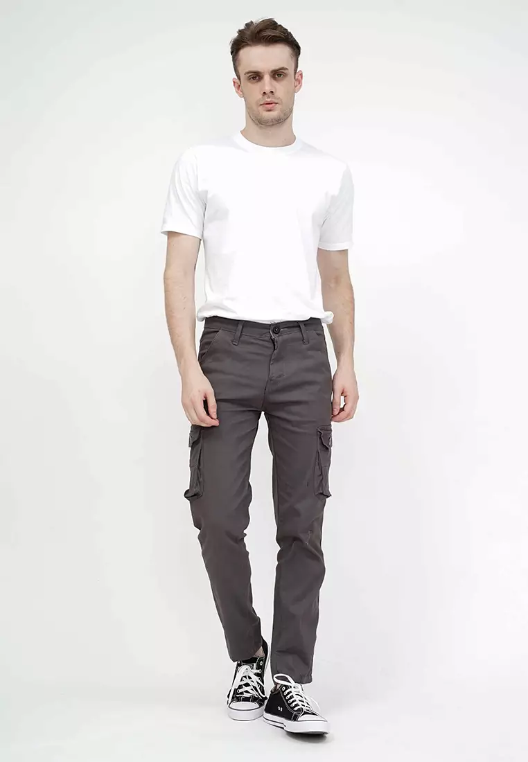 Celana Panjang kargo Pria Slim Fit Cargo pants kantong stretch melar abu tua