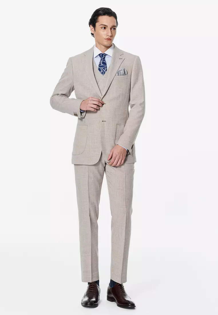 米色紋理修身版西裝外套(可機洗)