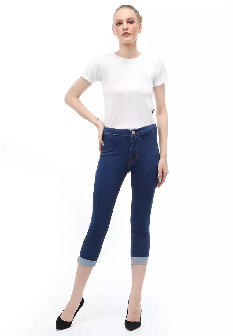 Jeans 7/9 Bawahan Wanita High Waist Design Simple Relaxed Fit - Elblue