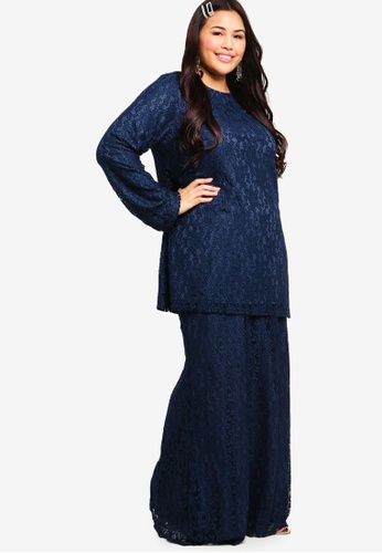 Straight Sleeves Lace Set from Lubna in Navy