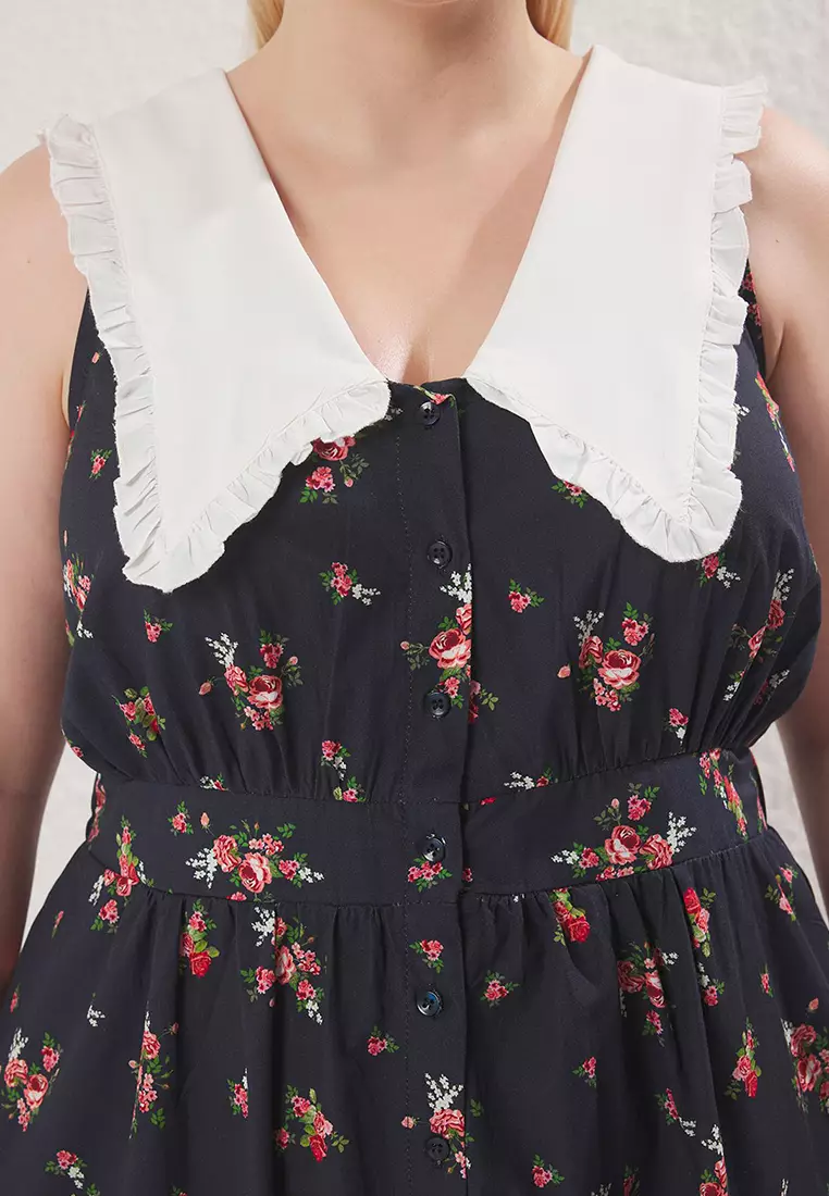 Multicolored Floral Poplin 100% Cotton Baby Collar Midi Woven Plus Size Dress TBBSS25AH00158