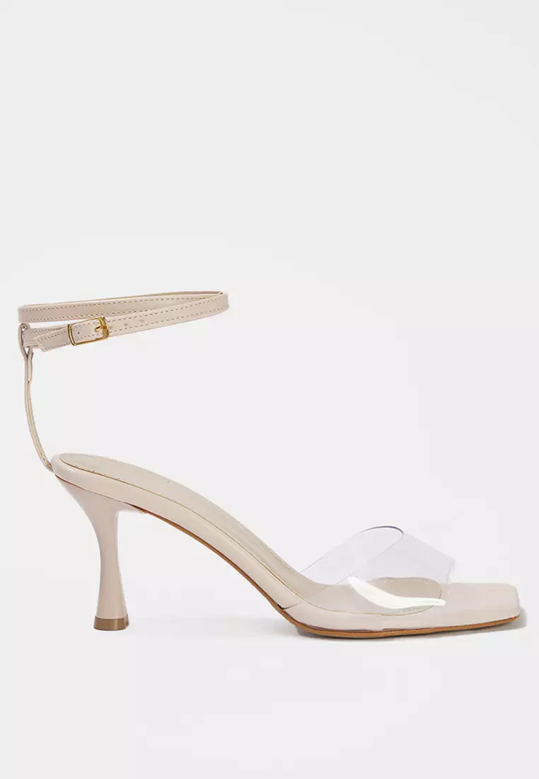 Trendyol Beige Square Toe Vinyl Strappy Ankle Strap Women's Heeled Sandals - Takss25To00011