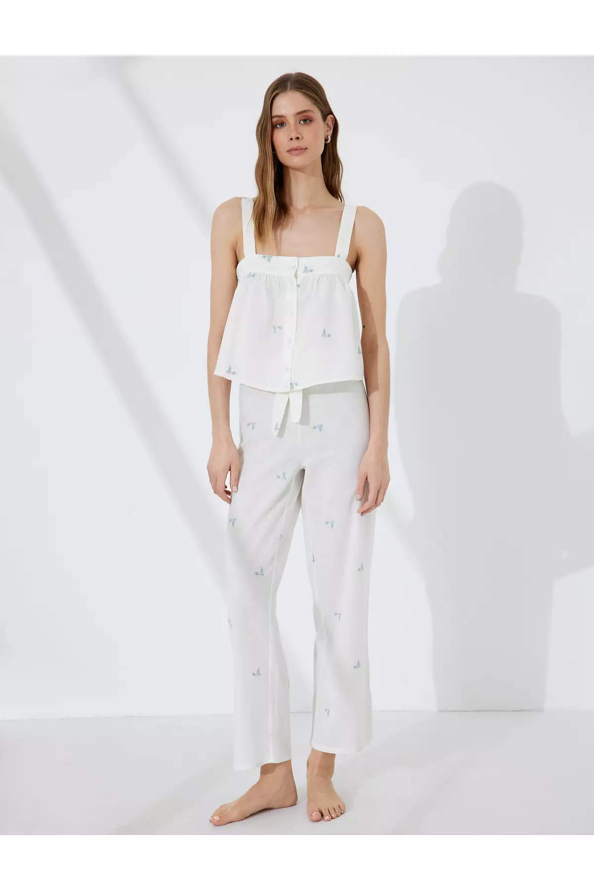 Cotton-Linen Blend Strappy Floral Embroidered Crop Pajama Top