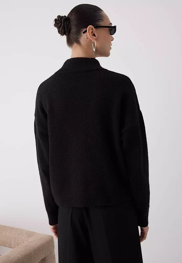 Black Alpaca Wool Blended Premium Yarn/Special Yarn Wide Fit Basic Knitwear Sweater