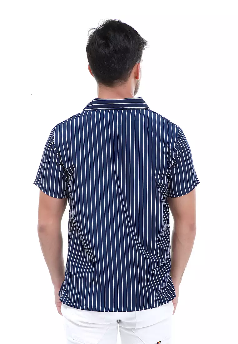 Dwan Atasan Kemeja Pria Vertical Lines Casual Shortsleeve Shirt Material Cotton ORIGINAL - Navy