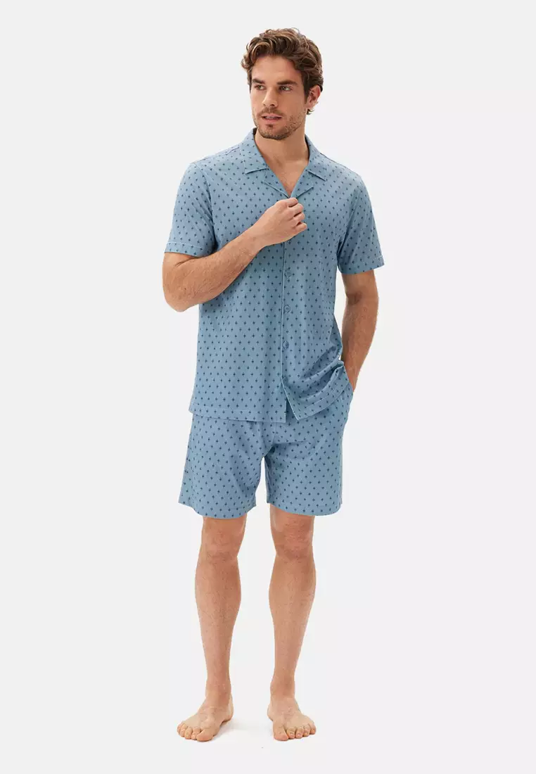 Blue Shirt & Shorts Knitwear Set, Micro Print, Shirt Collar, Regular, Short Leg, Short Sleeve Sleepwear for Men