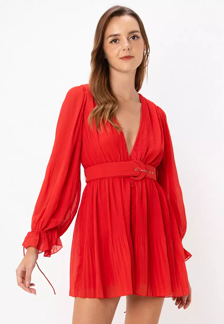 Buy ASOS Design Petite Pleated Blouson Sleeves Belted Mini Dress