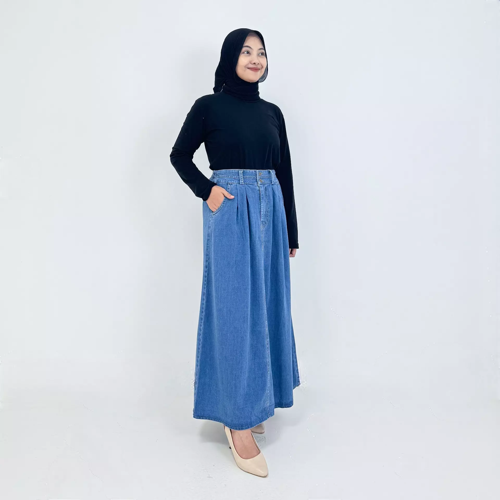 Long Skirt Denim 2 Buttoned [BLUE] Rok Panjang Soft Jeans Wanita