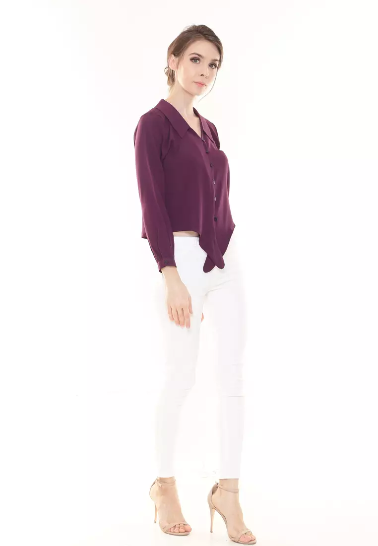 Evelyn Top Button Ribbon Tied up in Dark Purple