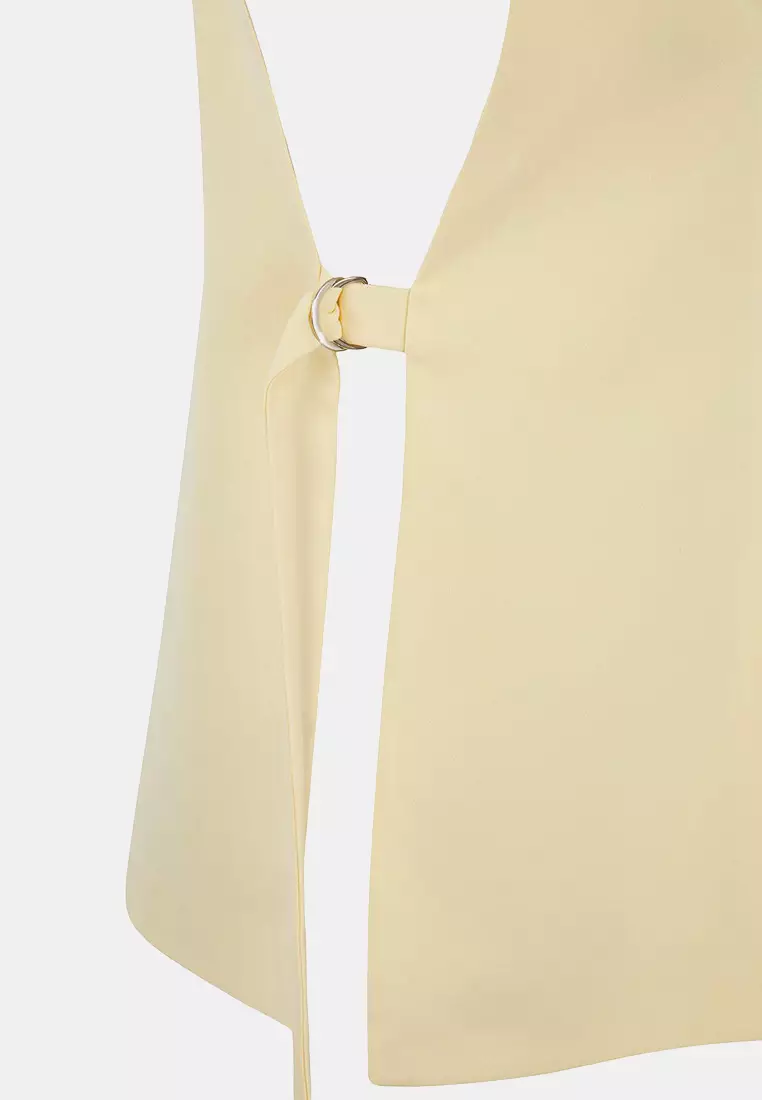 Yellow Oversize Accessory Side Tie Detail Single Button Lined Woven Vest Twoaw23Ye00032